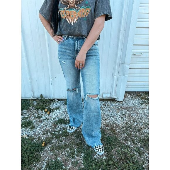 Risen Denim - Risen High Rise Medium Acid Washed Wide Leg Jeans RDP5312